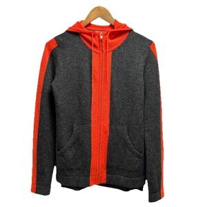 Brodie Women's Medium Gray/Orange Fine Cashmere Knit Full Zip Hooded Sweater euc